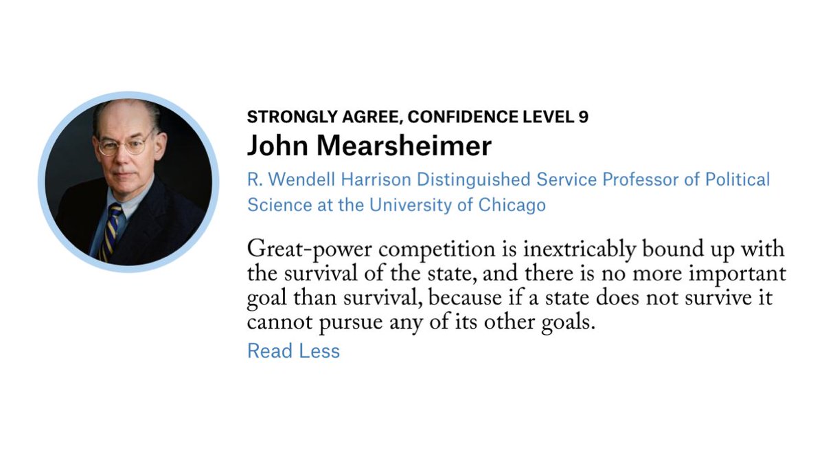 John Mearsheimer, a  @QuincyInst Fellow, agreed with the prompt, citing the inextricable link between great power competition and "the survival of the state"."If a state does not survive it cannot pursue any of its other goals," Mearsheimer points out.7/