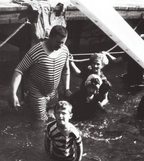 Sailor Derevenko in charge of swimming lessons for Grand Duchesses Olga and Anastasia as well as their brother Tsarevich Alexei.