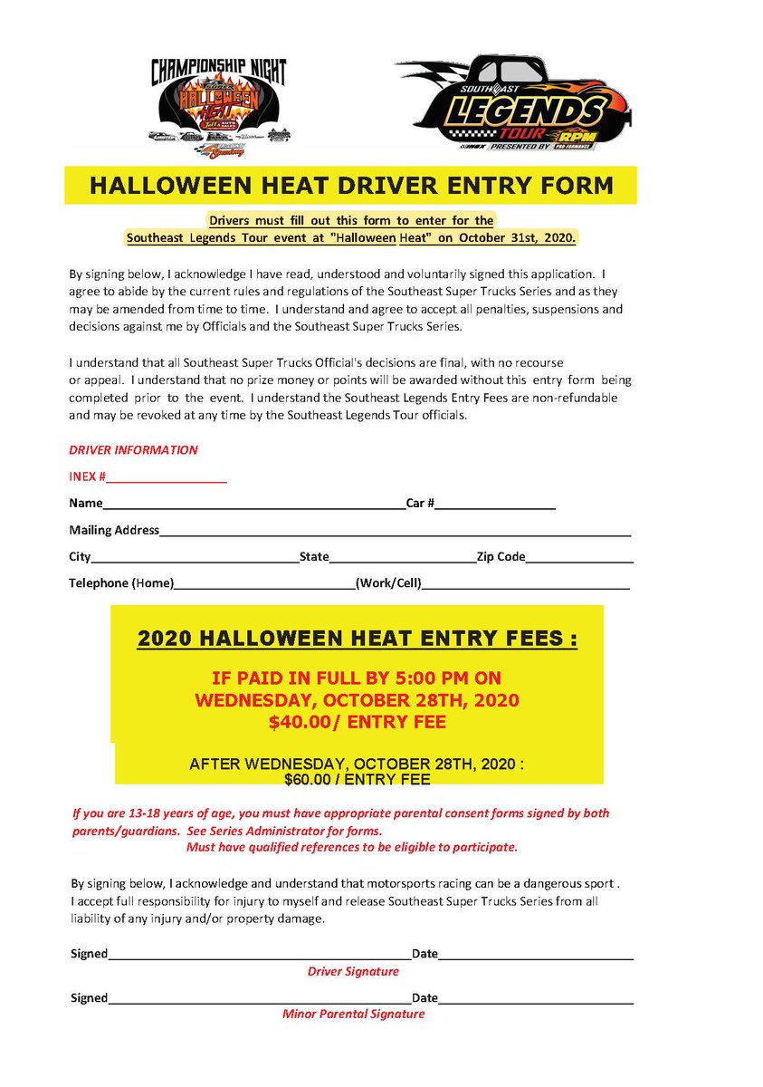 Legend competitors interested in participating in the SELT Halloween Heat race at Tri-County Speedway, please download the entry form and return it with form of payment to :
RPM Pro-Formance
c/o Jeff Jordan
11895 Old Concord Rd.
Rockwell, NC 28138
➡️ southeastlegendstour.com/halloween-heat…