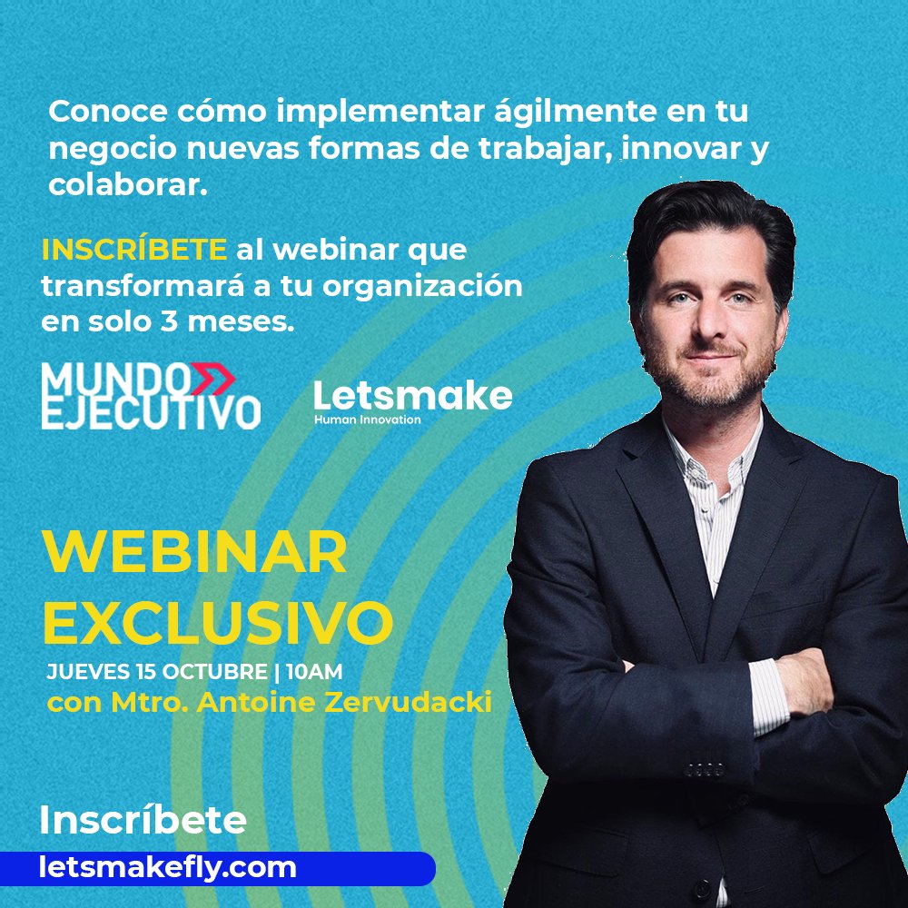 LetsmakeLatam's tweet photo. Implementa nuevas formas de trabajo, motiva a tus colaboradores y haz crecer hasta 25% la productividad de tu empresa. @MundoEjecutivo presenta, en EXCLUSIVA la Metodología Fly! que está revolucionando la transformación de los negocios. Inscríbete https://t.co/0PcylZCxZF https://t.co/D5Syz9QdAt