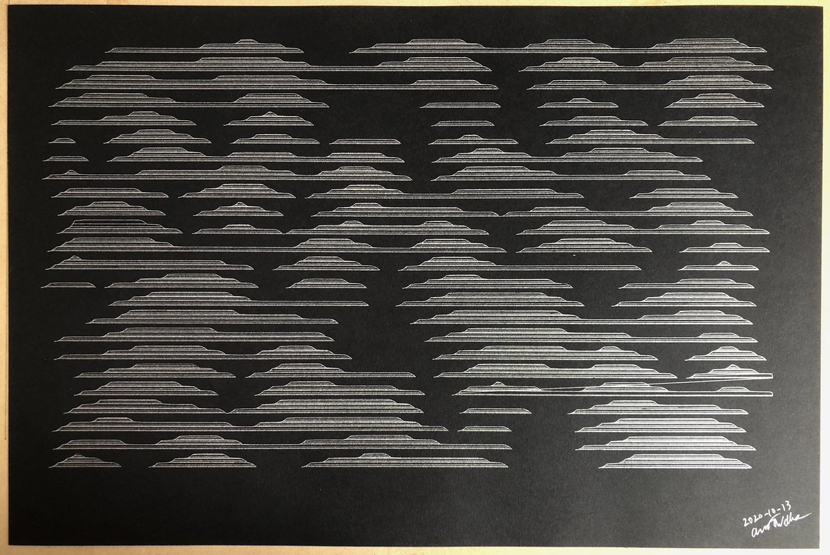 Day 13 of  #inkotober on the plotter!Playing with noise fields on the big 18"x12" paper that just about takes up the whole plotter bed.All gcode and  @openframeworks source code available here:  https://github.com/andymasteroffish/inktober_2020 #inktober2020 #inktober2020day13 #axidraw #creativecoding