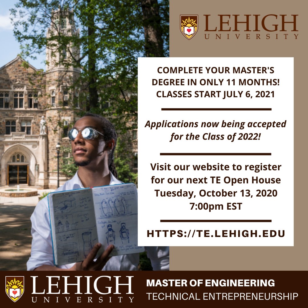 ProgramLehigh's tweet image. Still time to register for tonight's Open House @ 7pm EST.
Click here to register:
lnkd.in/gNjZXbX

#entrpreneurship #makers #innovation #highereducation #entreprenuer #mastersdegree #entrepreneurial #lehigh #lehighuniversity #creativity #innovative #LehighTE #highered