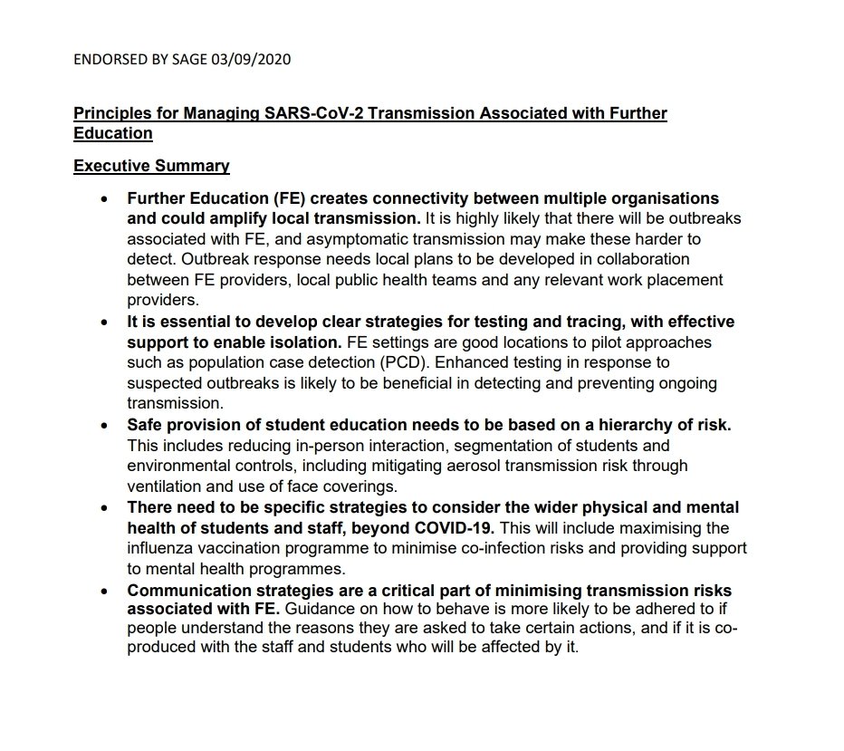 3/ At various points it does reference previous documents on secondaries, and some comments generalise education settings.Begins by stating outbreaks in FE are highly likely and risk amplifying local transmission due to creating connectivity,as schools do between homes and work