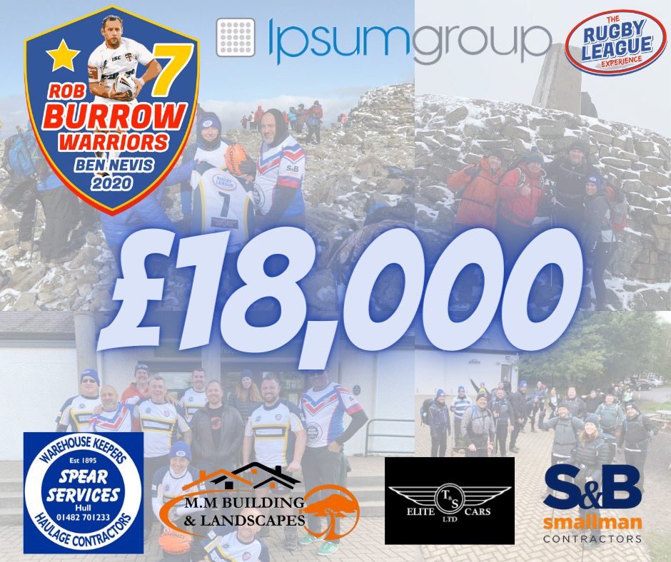 The Rugby League All Stars @RLAllstars are delighted to announce we have raised £18,000 from the @Rob7Burrow Ben Nevis Trek

Thank you to all who took part and all our wonderful sponsors.

#OneRobBurrow