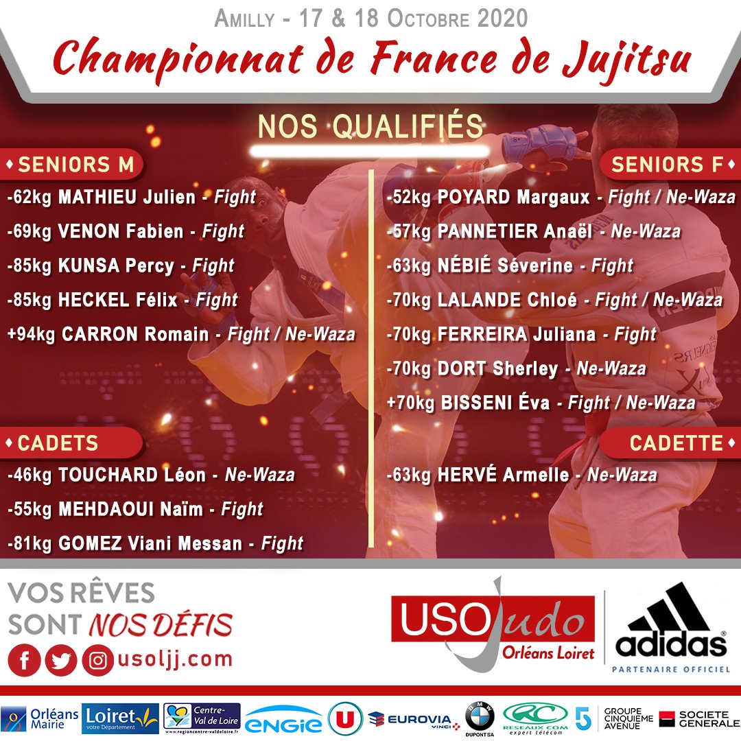 🚨J-4 avant le Championnat de France de Jujitsu 2020 ! 
Notre #TeamJujitsu à hâte d'en découdre ce week-end des 17 et 18 octobre à Amilly, pour aller défendre les couleurs du club ! 💪💪 #jujitsu #usoljj #Orleans #fighting #newaza