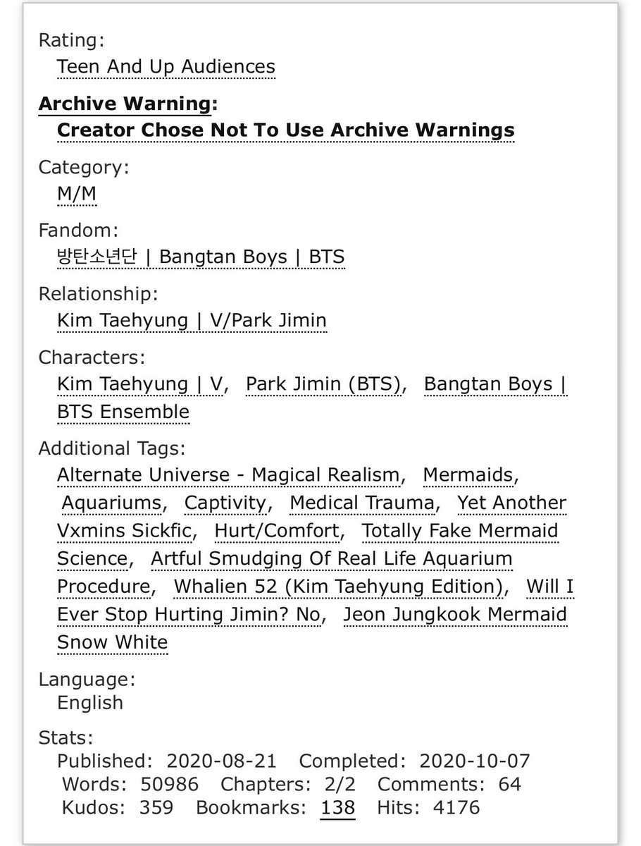 » and also in the sea
– jimin/taehyung
– mermaid, magical realism, captivity, hurt/comfort, medical trauma, whalien52 taehyung in a way
📚: archiveofourown.org/works/26034235…