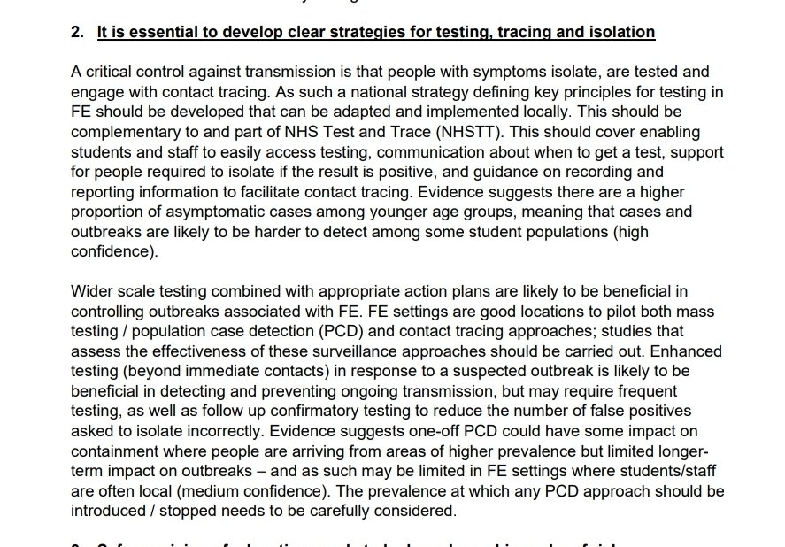 5/ National strategy for mass testing is vital due to high proportion of asymptomatic spread. Mass testing programmes should be trialled in FE as a compliment to TTI.This should have been in place before term started, its what the NEU are demanding. See  @SaferSchoolsNE