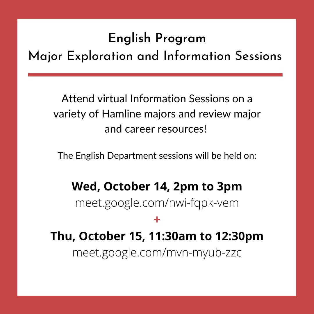 HamlineEnglish's tweet photo. It is Major Exploration Week with the Career Development Center. Come learn about Hamline’s English Department with students and faculty in two sessions — Wednesday, Oct. 14 @ 2 pm and Thursday, Oct. 15 @ 11:30 pm. We hope to see you there! https://t.co/aY5R5H89pD