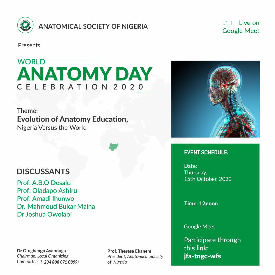 Make it a date. Joining @AmadiIhunwo, @mahmoudbukar and other great Anatomists now scheduled for 12pm Nigerian Time on the world Anatomy day - 15th October. See you there. #anatomy @IFAA2019 @SONAorg