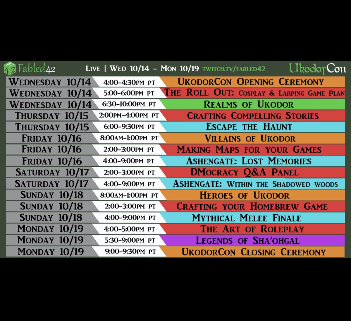 DragonsConclave's tweet photo. Our schedule of events for Ukodor Con 2020 Online is full of great shows you will not want to miss!
Tune in LIVE Wednesday 10/14 at 4pm PST for the opening ceremonies at Twitch/fabled42
#dnd #dungeonsanddragons #ukodorcon #ttrpg #tabletopgaming #tabletopgames #rpg #twitch https://t.co/xuD3tackHK