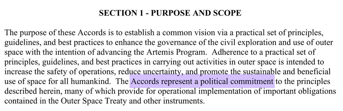 Artemis accords seem to be mere basic principles, not really obligating partners to any contractual performance (quid pro quo), merely shared understandings of the current state of space law, and other norms they would like to see observed.