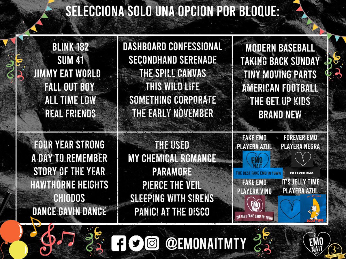 ¡Gana una playera de Emo Nait Mty a tu elección! 

Si pudieran estar en un festival musical en este momento, ¿qué banda por bloque escogerían? 👀🖤

Las bases de la dinámica las podrán encontrar en nuestra publicación en la página de Facebook en: 

facebook.com/26593053058144…