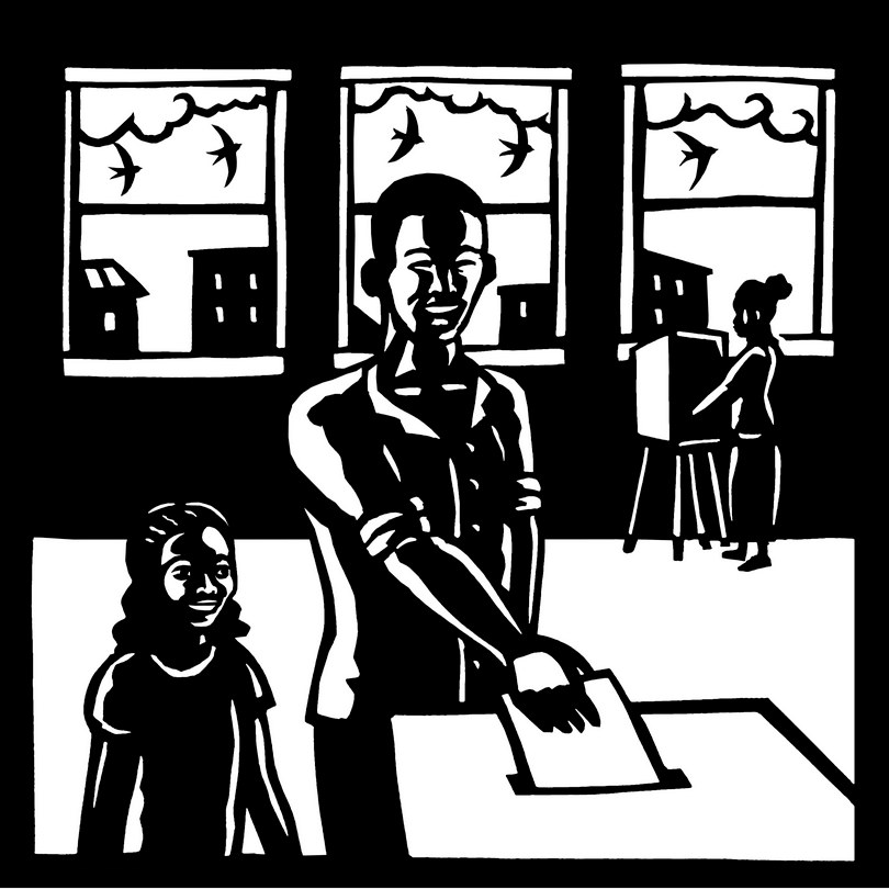 Black and white art of a man putting a ballot in a box as a young girl looks on.