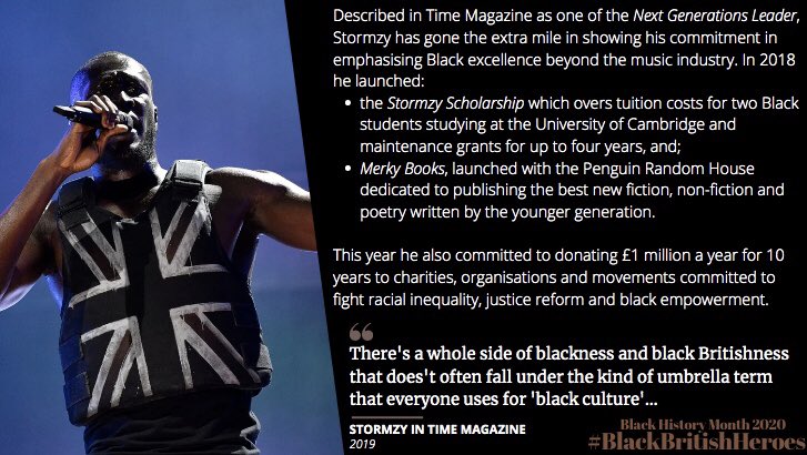 A little late but I have not forgotten (and yes, I am aware of the whole Chip situation but,) number 13 in this  #BlackBritishHeroes thread celebrating Black History Month is Stormzy   #BlackHistoryMonthUK    #BHM  