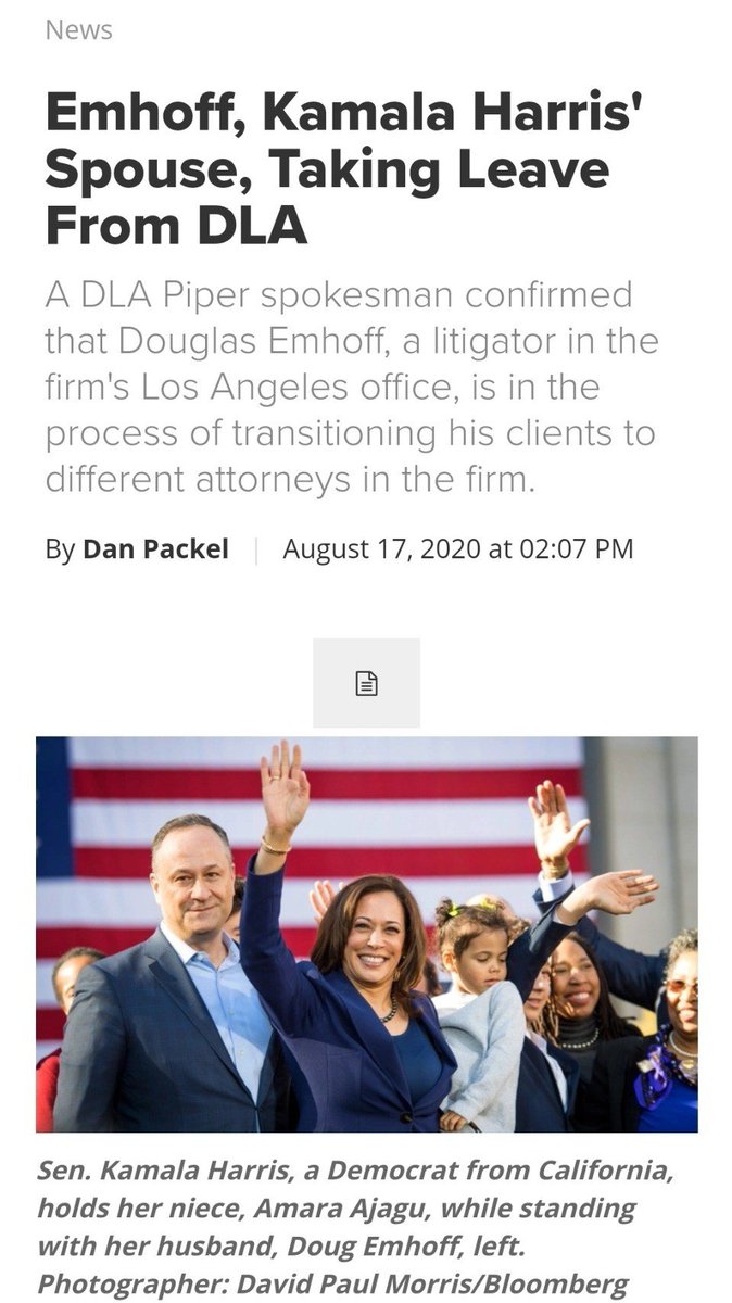 5. Surely it's a coincidence Kamala's husband works at same org that did Clinton Foundation taxes where Comey’s brother worked - now "taking a temporary leave".  https://everipedia.org/wiki/lang_en/peter-comey https://www.law.com/americanlawyer/2020/08/17/emhoff-kamala-harris-spouse-taking-leave-from-dla/?
