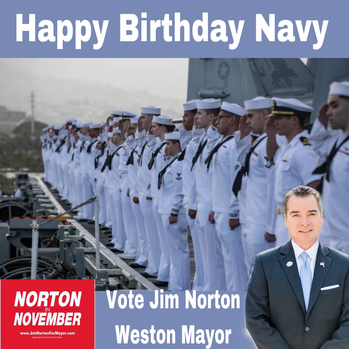 #NavyStrong 
#TodayInHistory #NortonInNovember
#JimNorton #VoteJimNorton #WestonMayor
#Weston #WestonFlorida
#WestonianParty
#JimNorton2020
#MunicipalExperience #CommunityService #Leadership #Vote2020 #NonPartisan

Approved by Jim Norton for Mayor