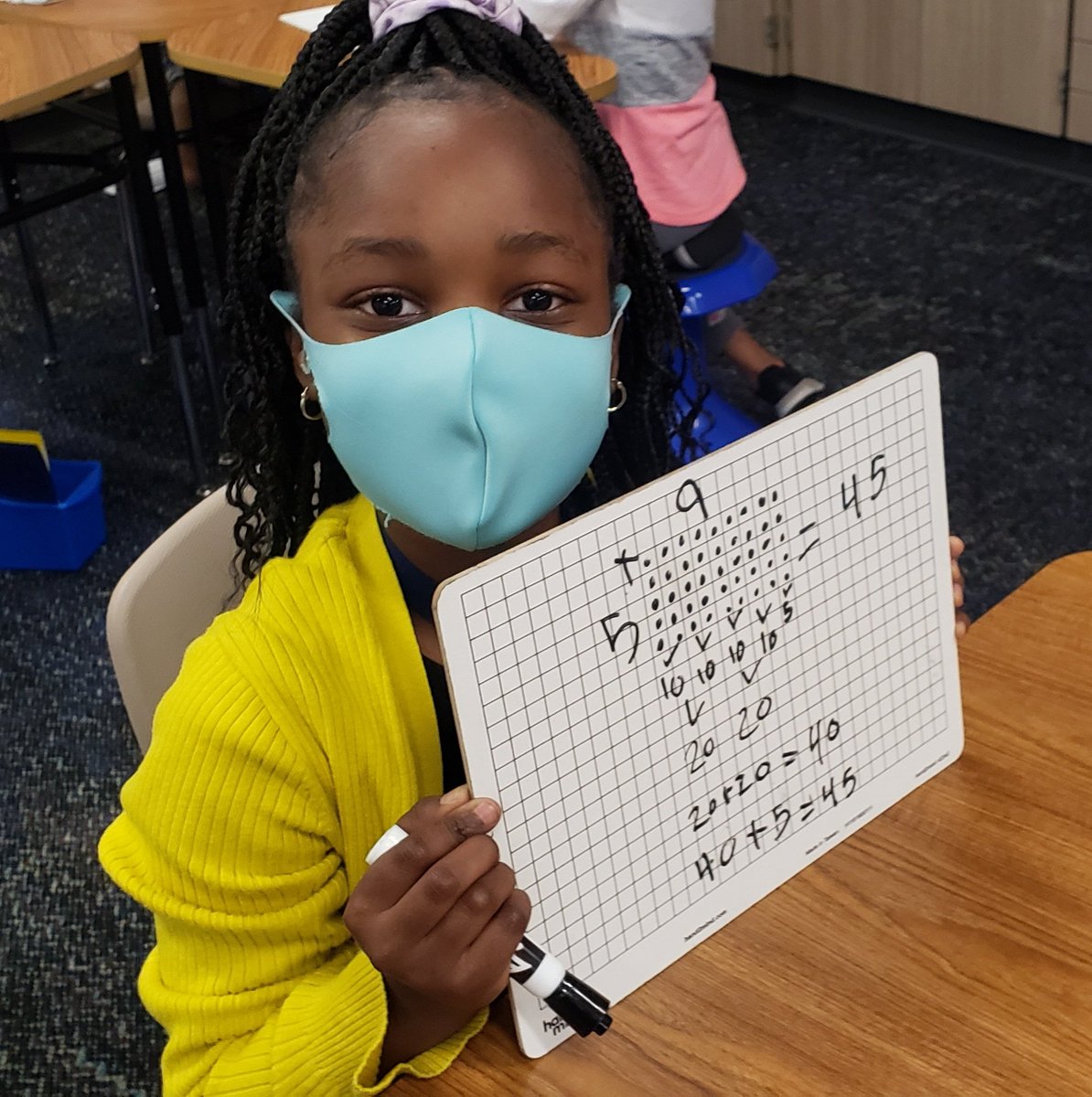 I absolutely love the thinking on this board! First day of arrays and already thinking about how to get our answer. She could have counted by 5s but her brain saw it this way. This is why I ❤️ math, everyone can solve it their own way! <a href="/KISDMcElwain/">McElwain Elementary</a>