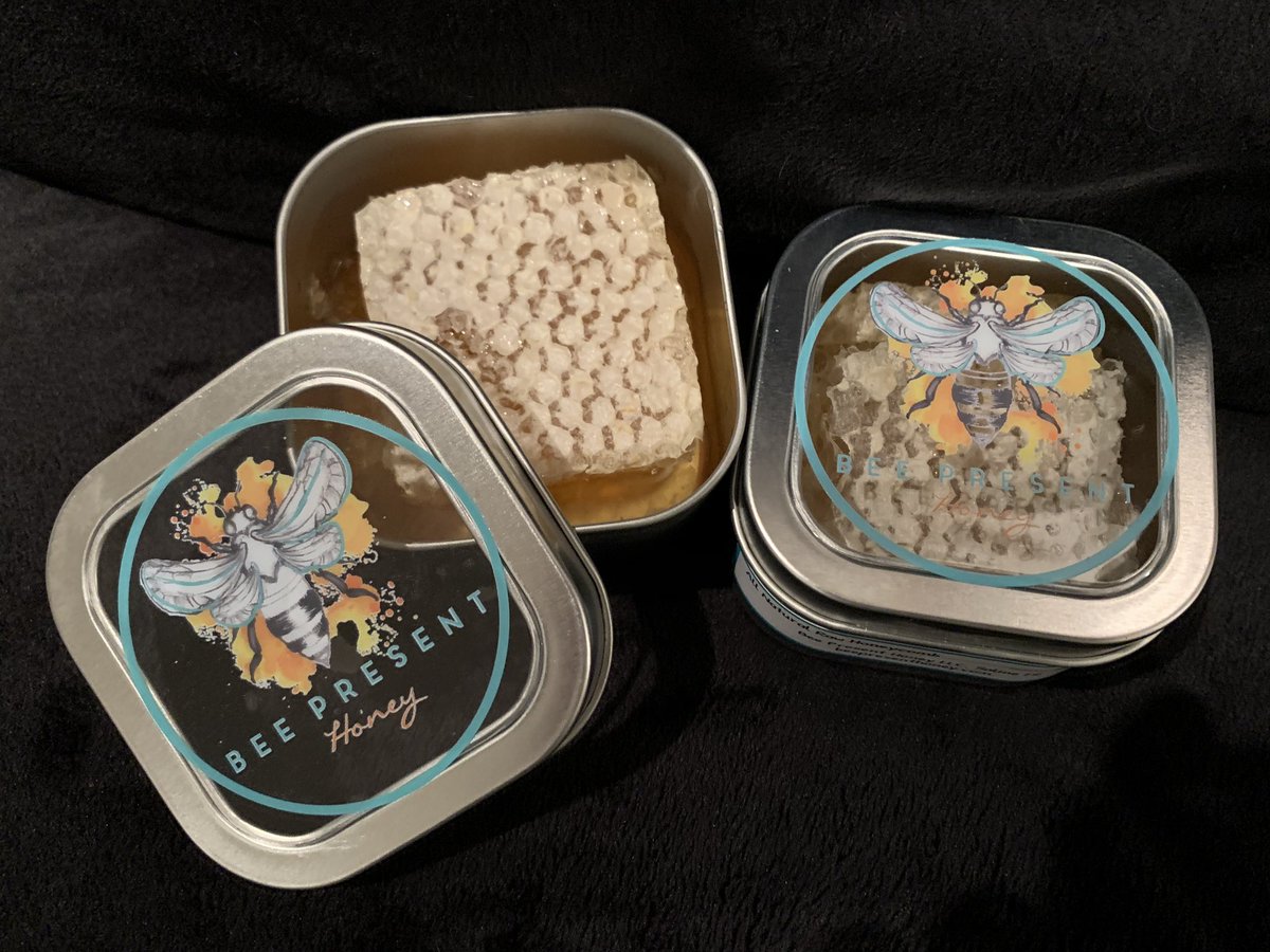 beepresenthoney's tweet photo. Cut comb! All the wax comb is made in our chemical free hives only by our bees.  Here are 6oz sections in reusable food safe tins.  Honeycomb is edible as is! Pure Bliss!
.
#bee #bees #honey #honeycomb #cutcomb #foundationless #foundationlessbeekeeping 
#beekeeper #beekeeping #🐝 https://t.co/8pFZQmtuqP