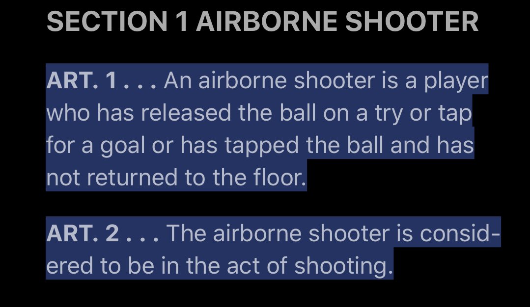 So just bc the ball is in flight, doesn’t mean A1 has completed the act of shooting. Let’s go to Rule 4-1-1 (Airborne Shooter). From article 1 & 2, we can gather that if A1 jumped to shoot in our case play, the act of shooting is not completed until A1 returns to floor...(6/10)