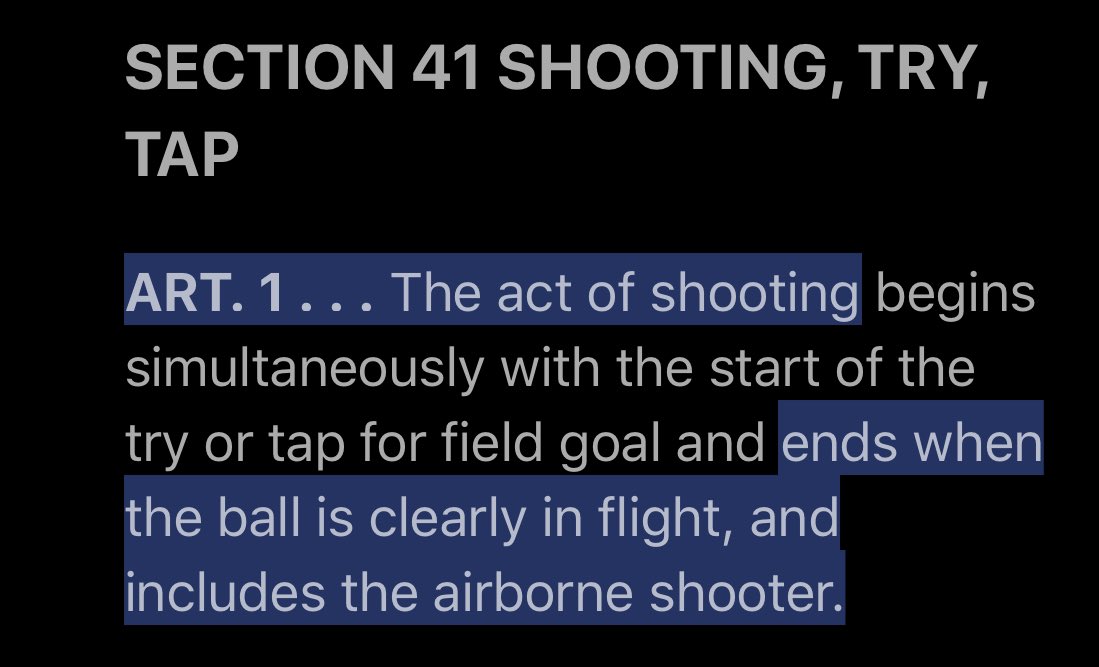 The 2nd clue in case play is “after A1 has completed ‘act of shooting’”. For this definition we go to NFHS Rule 4-41-1.Note that the act of shooting ends when “ball is clearly in flight”, BUT also note that it “includes an airborne shooter”.....(5/10)