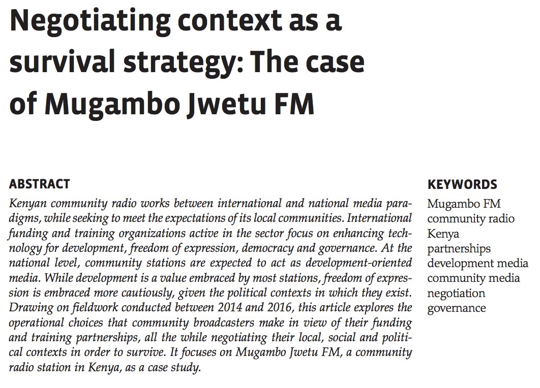 In JOACM 5.1: 'Negotiating context as a survival strategy: The case of Mugambo Jwetu FM' by Rose N Kimani of Chuka University

#CommunityRadio #Kenya

ingentaconnect.com/content/intell…