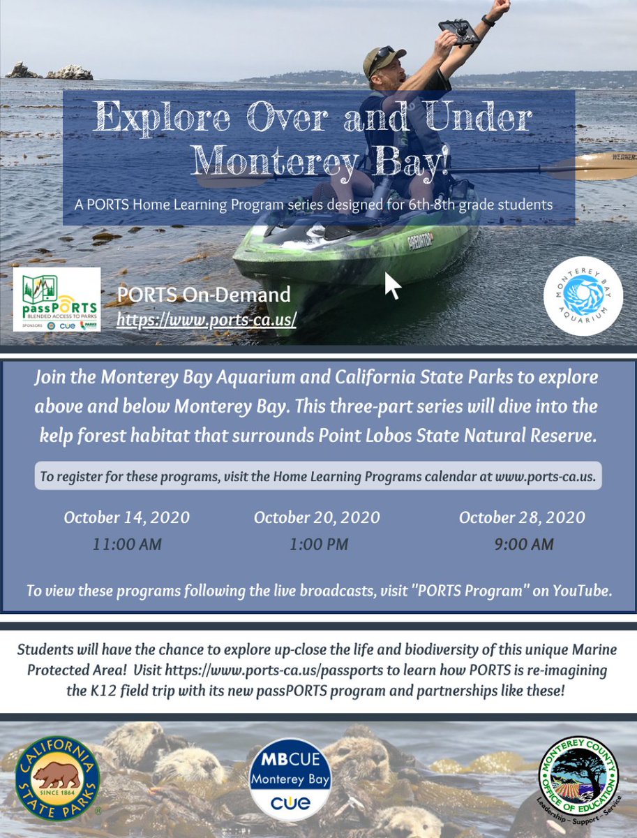 portsprogram's tweet photo. Tomorrow morn we kick off a partnership w/ @MontereyAq! Students will virtually #kayak, #scubadive & #explore the kelp forest habitat surrounding Point Lobos State Natural Reserve. Register now at https://t.co/bdXnphtboS! #CAStateParks #MontereyBayAquarium #PORTSfan #fieldtrip https://t.co/MNcuZQTYpi