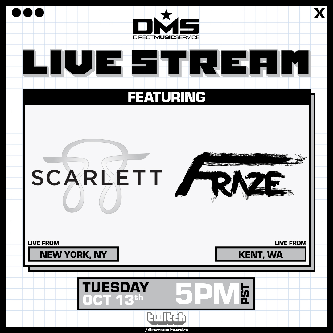 Happy Tuesday. <a href="/directmusic/">Direct Music Service</a> x <a href="/Twitch/">Twitch</a> is LIVE RIGHT NOW featuring <a href="/ItsFraze/">Fraze</a> (Seattle) &amp; <a href="/DjScarlett88/">DjScarlett88</a> (NYC). Join us at twitch.tv/directmusicser… #TwitchStreamers #twitchtv #twitchmusic