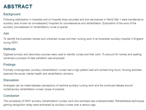 weCANResearch's tweet image. #Nurses in auxiliary hospitals WW1 worked hard. Trained nurse to patient ratios were at least 1:11 and often 1:42! doi.org/10.1016/j.cole…  @Collegian_AU @SocAustGen
