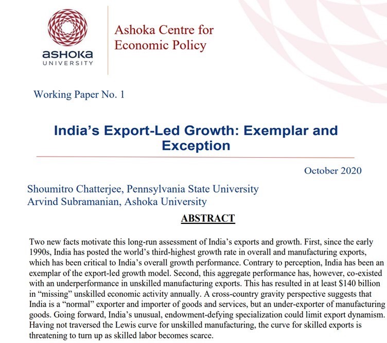 Excited about first research outputs from  @AshokaUniv Center for Economic Policy (ACEP) on India's Exports and GrowthResearch paper:  https://ashoka.edu.in/static/doc_uploads/file_1602585132.pdfPolicy paper:  https://ashoka.edu.in/static/doc_uploads/file_1602585593.pdfw/  @shoumitro_c 1/
