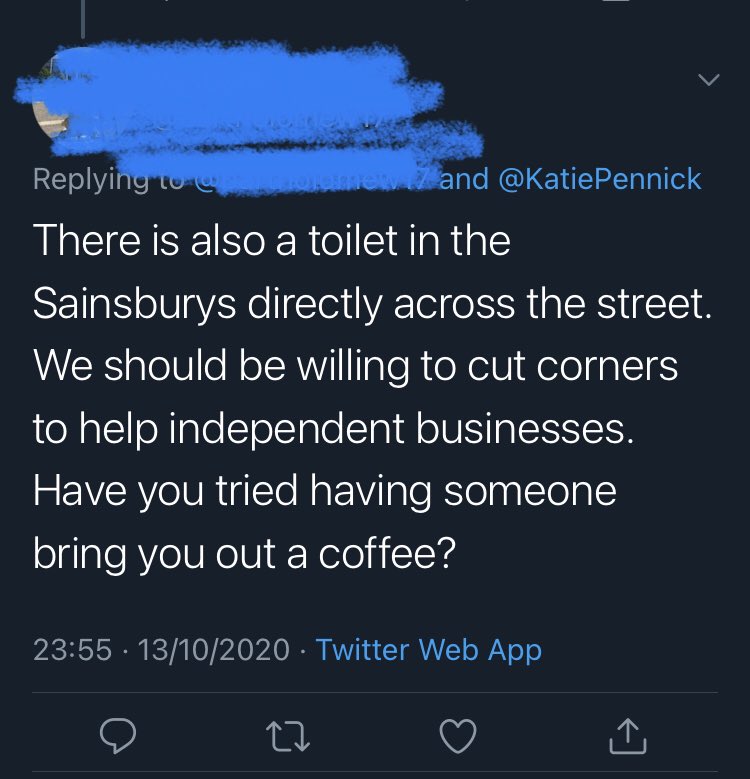 THREAD: I can’t believe I have to explain to y’all why asking disabled people to wait outside and be bought out a coffee - instead of making businesses accessible to all - is unacceptable, but here we are.(OP name redacted because I don’t agree with Twitter pile-ons)