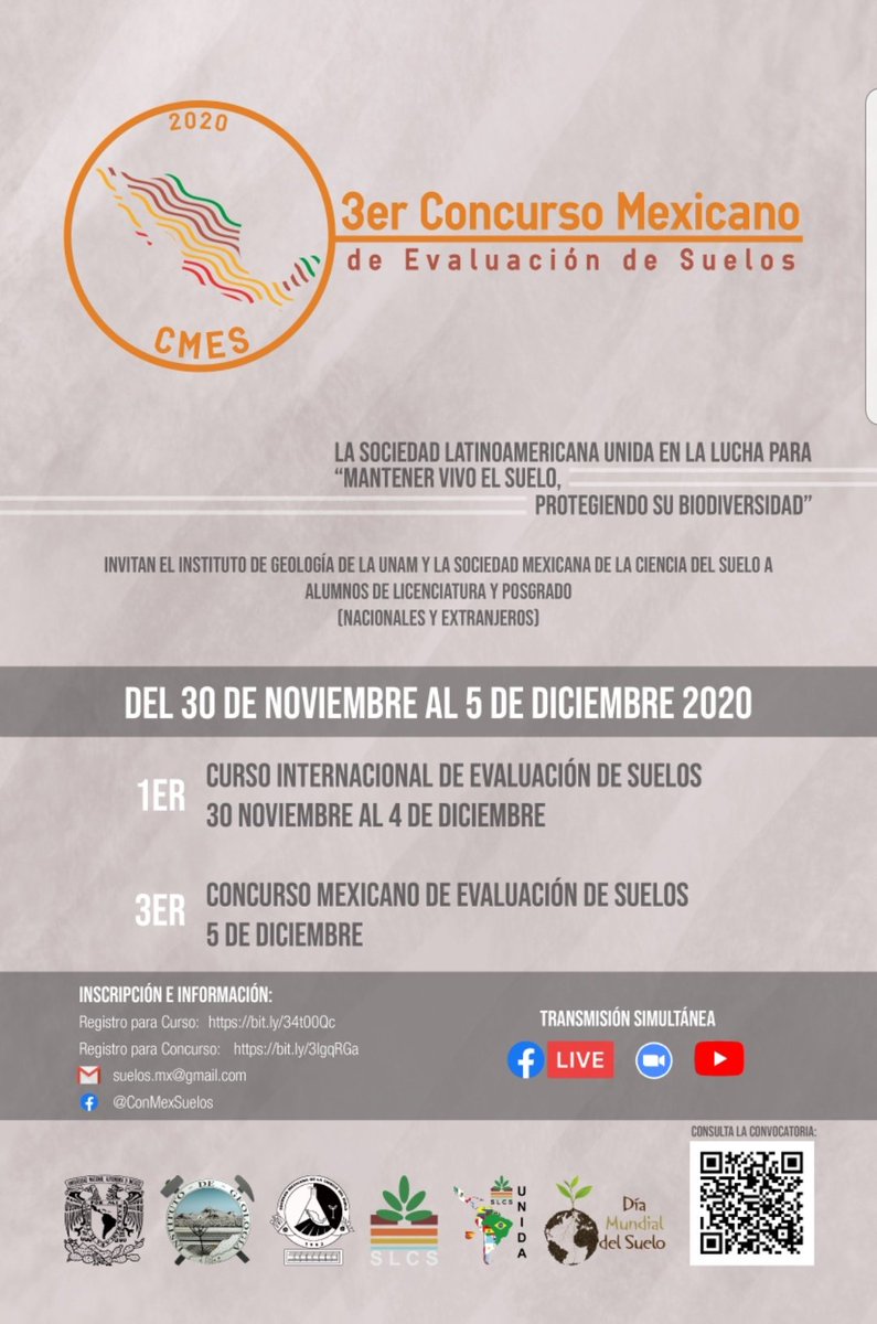 SMCSuelo's tweet photo. Para festejar el Día Mundial  del Suelo, la Comisión de Acción Juvenil de la SMCS y el @InstGeolUNAM les hacen una invitación al #3CNES y al #1CIES a realizarse del 30 de noviembre al 05 de diciembre. 

Información al correo: suelos.mx@gmail.com https://t.co/sJ53HuXGuC