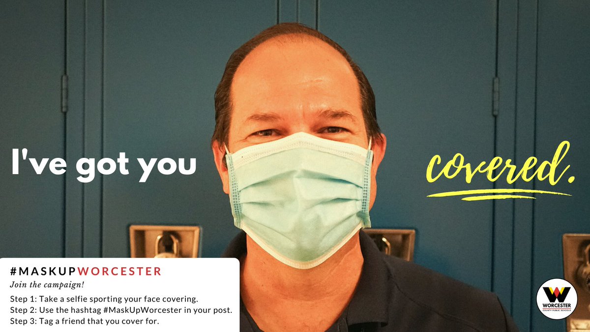 WorcesterSystem's tweet photo. Eric Cropper, Worcester County Board of Education President, has @WorcesterCounty and @WorcesterSystem covered!
Join our #MaskUpWorcester campaign! Snap a selfie sporting your face covering & post it to your social using the hashtag #MaskUpWorcester. https://t.co/n9fsXUxMtu