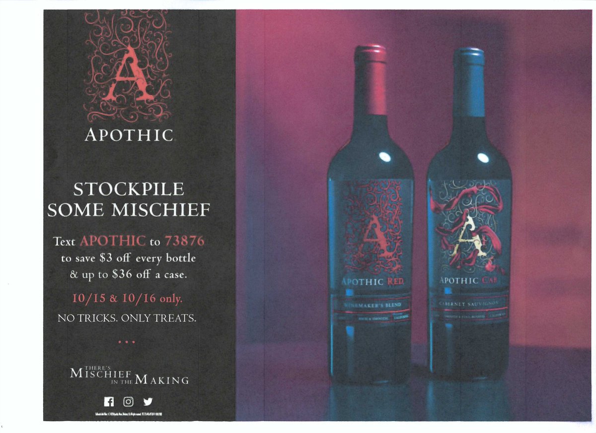 OttosMKE's tweet image. It’s not a trick, it’s our treat. Text “Apothic” to 73876 to save $3 off every bottle and up to $36 off a case. This spooky deal is valid only 10/15 &amp;amp; 10/16.
#Apothic #ApothicWine #ApothicRed #wine #Ottos #Milwaukee #WI  @ApothicWine @OttosMKE