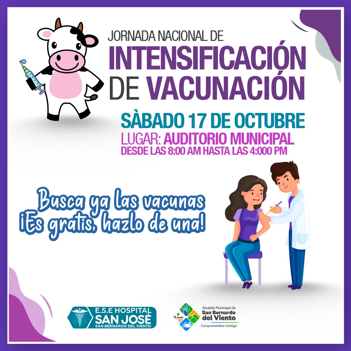 esesanjosesnbdo's tweet photo. Te recordamos que este sábado 17 de octubre, continuamos la jornada de instensificación de vacunación, es ¡gratis! #ESESanJosé #SoySanJosé

⏰ De 08:00 am a 04:00 pm.
🏦 Auditorio Municipal. https://t.co/lm7TCfm6Yt