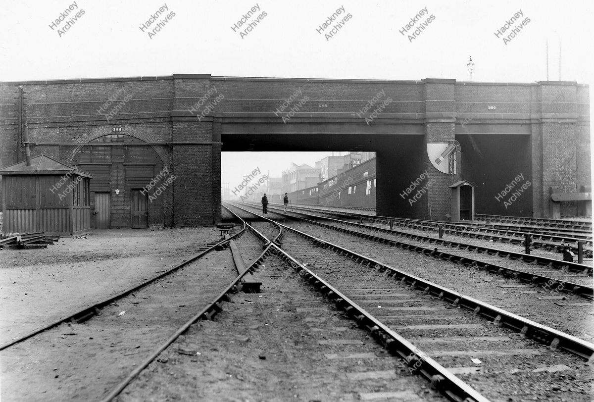 Richmond Road ailway bridge from track level. View looking south with Haggerston station signal box in distance. 1898