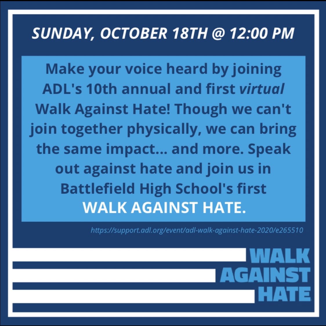 battlefieldSALC's tweet photo. Walk Against Hate is happening this Sunday the 18th at 12:00 PM!💙

Make sure you promote and participate!🤩

Be sure to use these hashtags when you post: #WalkAgainstHate #NoPlaceForHate #BHSWalkAgainstHate and tag @ADL_WashDC in your photos and videos! https://t.co/cieQj8hQi8