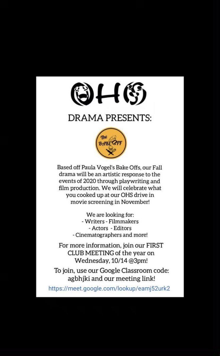 OHS students, please join us for our meeting tomorrow at 3pm 🎭