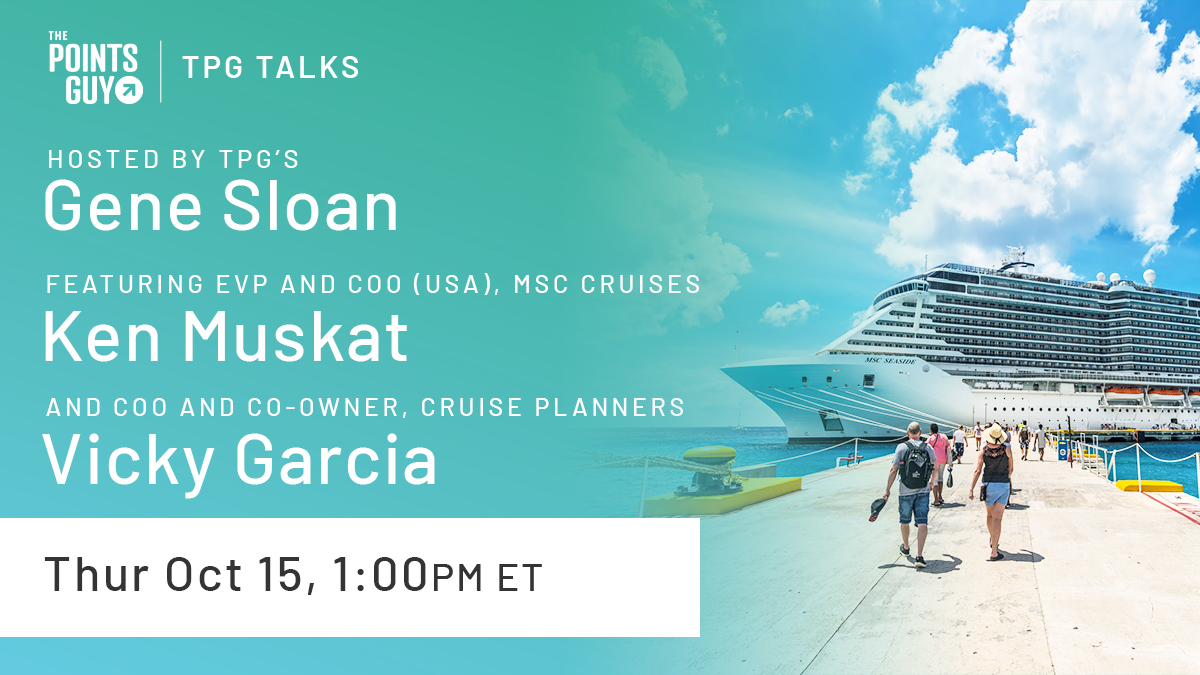 MSCCruisesUSA's tweet photo. Ready for a #cruise comeback? Catch MSC Cruises' @KenMuskat and @Cruisitude's Vicky Garcia on @thepointsguy's next #TPGTalks this Thursday to hear more about returning to sea. Register here - Oct. 15 @ 1PM EST: https://t.co/IcXttumXyj. @TPG_Alerts https://t.co/Jpshy9r1fR