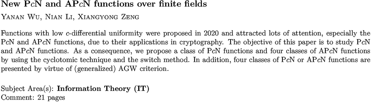 arxiv.org/abs/2010.05396…
Y Wu et. al.
New P$c$N and AP$c$N functions over finite fields