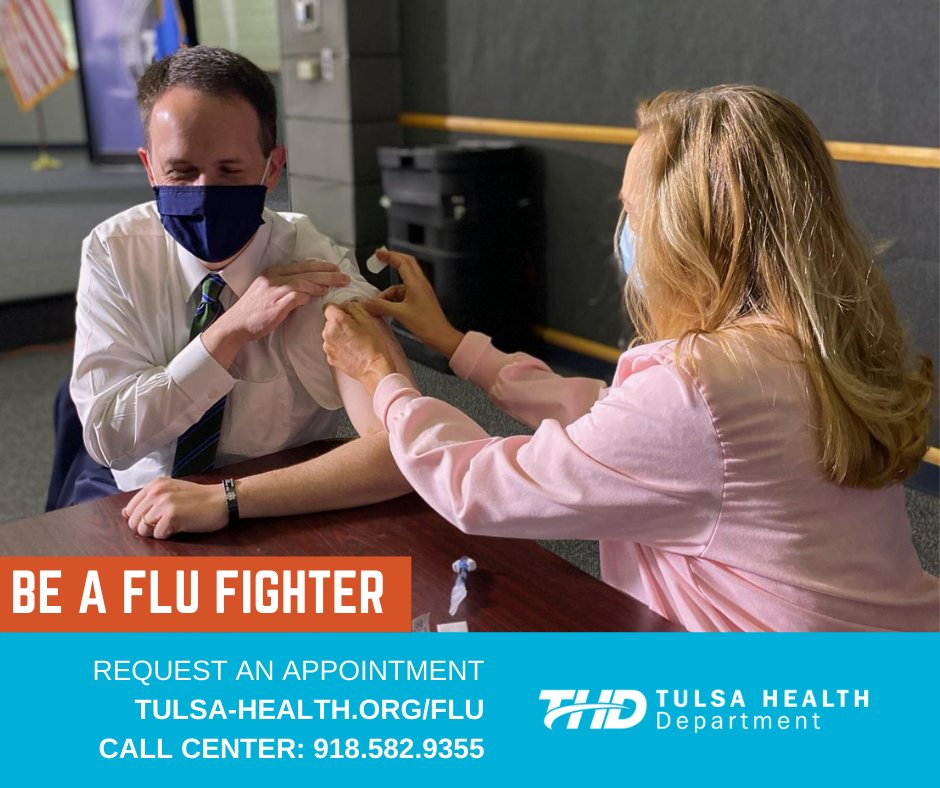 TulsaHealthDept's tweet photo. Today, @cityoftulsagov Mayor @gtbynum received his flu vaccine by a Tulsa Health Department nurse. Thank you, Mayor, for leading by example and taking this step to protect yourself and your family. #BeAFluFighter https://t.co/plpl8ntkef