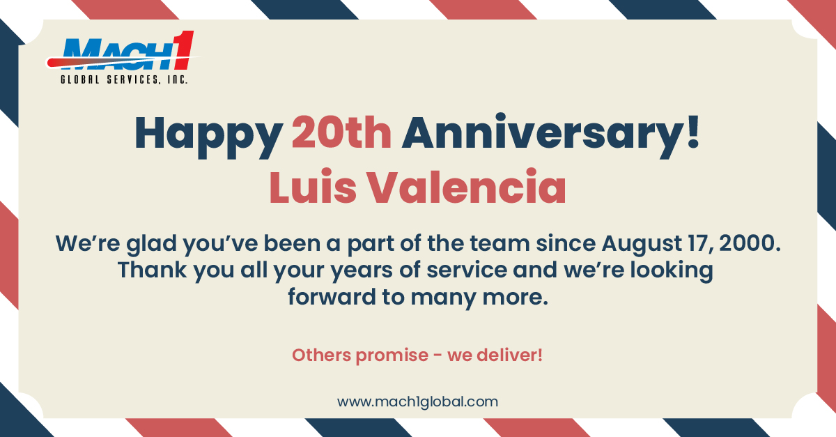 Mach1Global's tweet photo. How time flies, happy 20 years Luis! #otherspromisewedeliver https://t.co/4OgkolnC9D