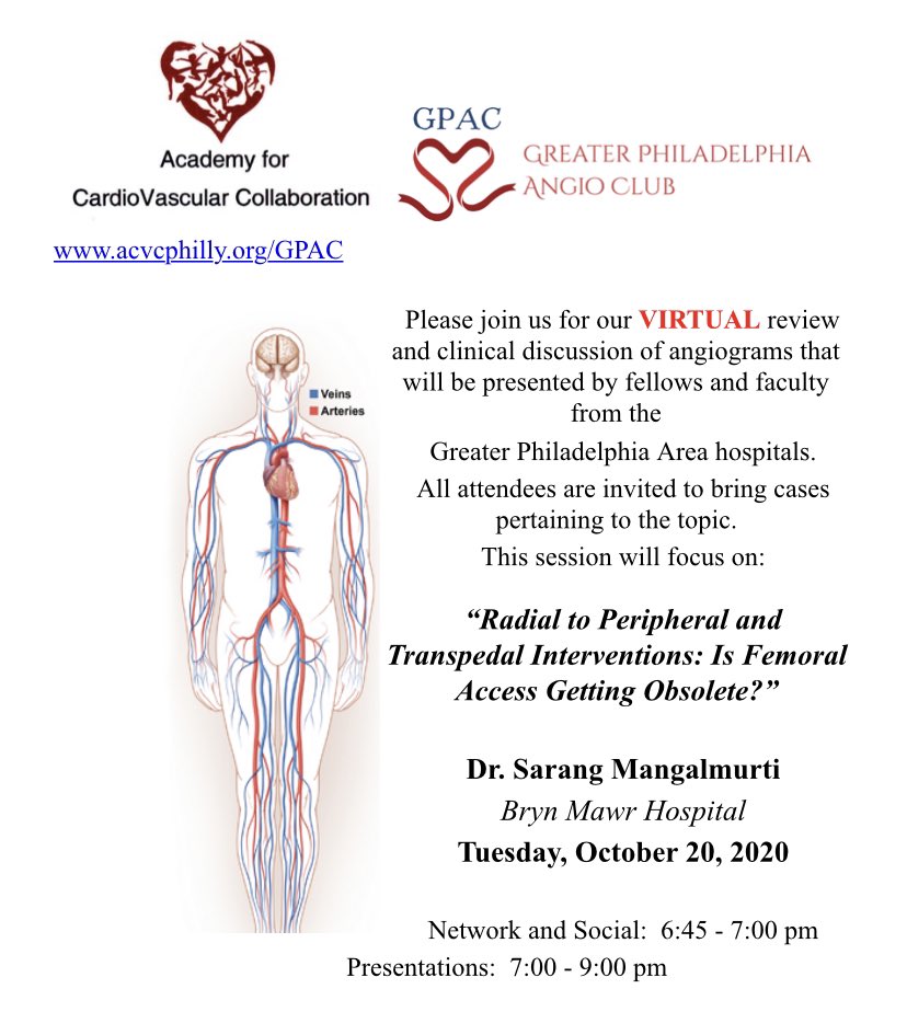 Phila Angio Club (@gpangioclub) on Twitter photo Join us for #virtual October #GPAC with Dr. Sarang Mangalmurti from Bryn Mawr Hospital on “Radial to Peripheral and Transpedal Interventions” on Tuesday October 20. Visit acvcphilly.org/GPAC to request the link for the meeting. <a href="/jcgeorgemd/">Jon George</a> Join us for #virtual October #GPAC with Dr. Sarang Mangalmurti from Bryn Mawr Hospital on “Radial to Peripheral and Transpedal Interventions” on Tuesday October 20. Visit acvcphilly.org/GPAC to request the link for the meeting. <a href="/jcgeorgemd/">Jon George</a>
