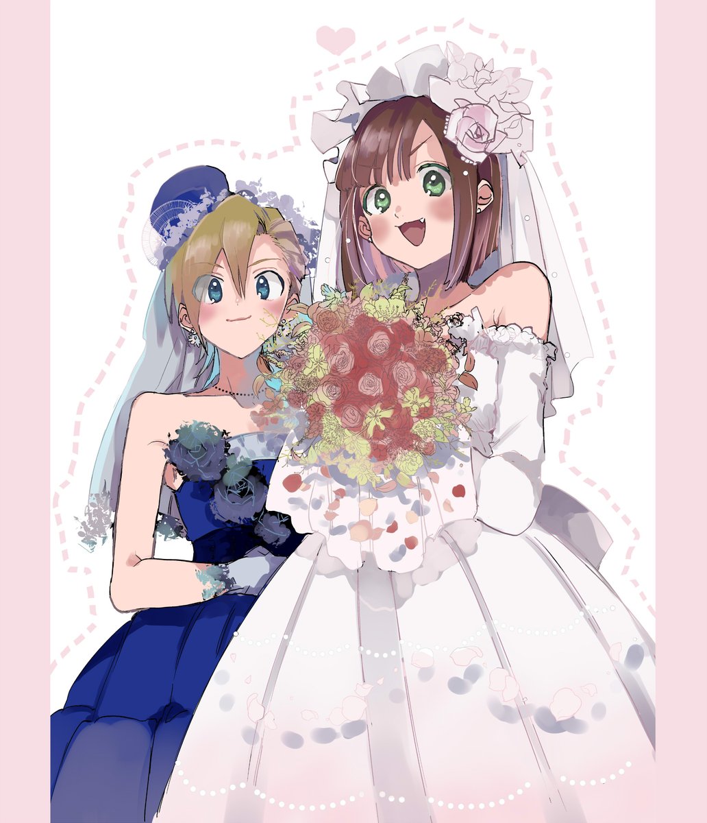 maekawa miku ,tada riina multiple girls 2girls dress bouquet veil wedding dress flower  illustration images