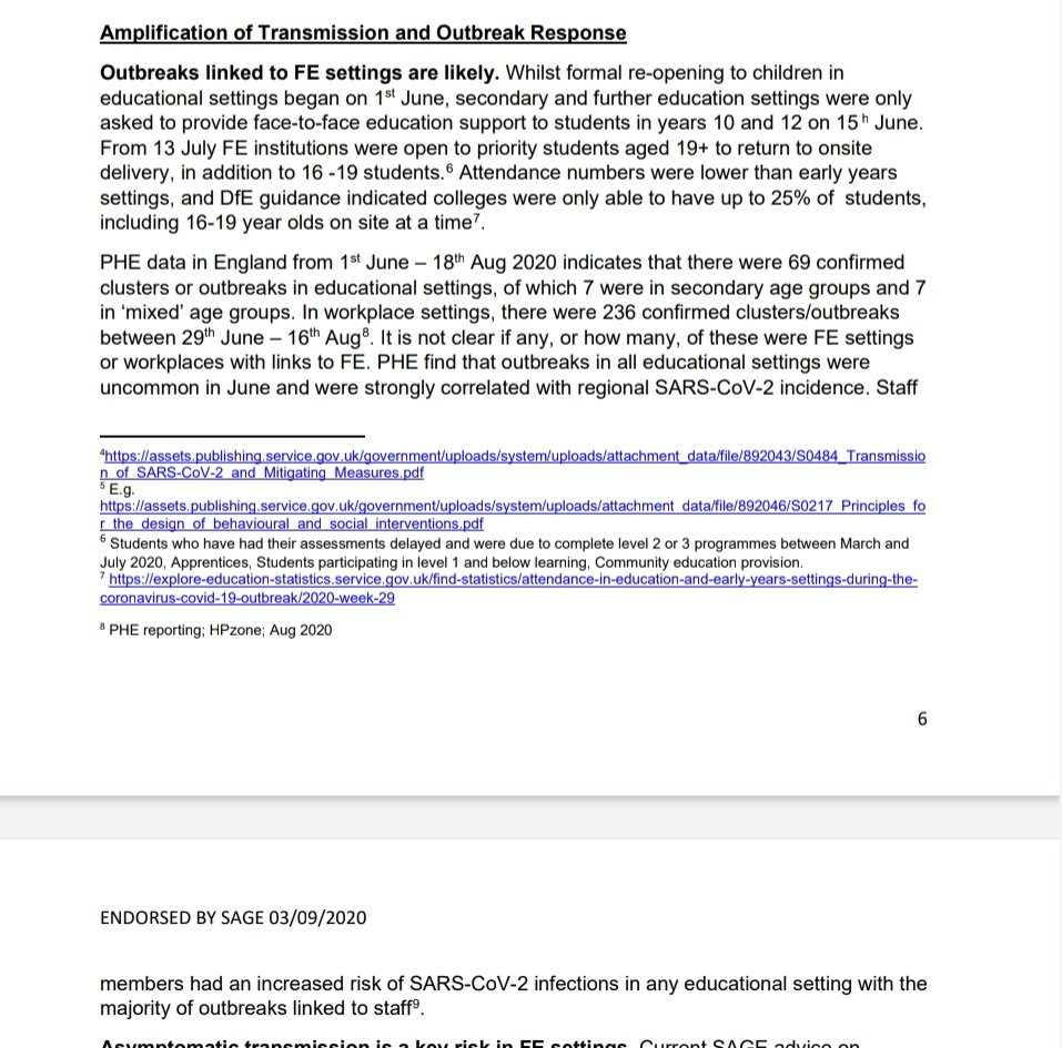 11/ Amplification of Transmission: Outbreaks linked to FE likely. This doesn't match the government rhetoric that schools and colleges are safe.Also points out that Staff have an increased risk of infection in ANY education setting!