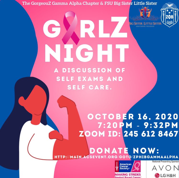 _Kikihatten's tweet photo. The GorgeouZ Gamma Alpha Chapter and the ladies of FSU BSLS invite the women of the Tallahassee community to learn about early detection in honor of Breast Cancer Awareness month! Meet us on Zoom on October 16th, 2020 from.   7:20PM - 9:32PM. 🎀💙💜
https://t.co/U0MJShAtJA https://t.co/VFYSlswgfH