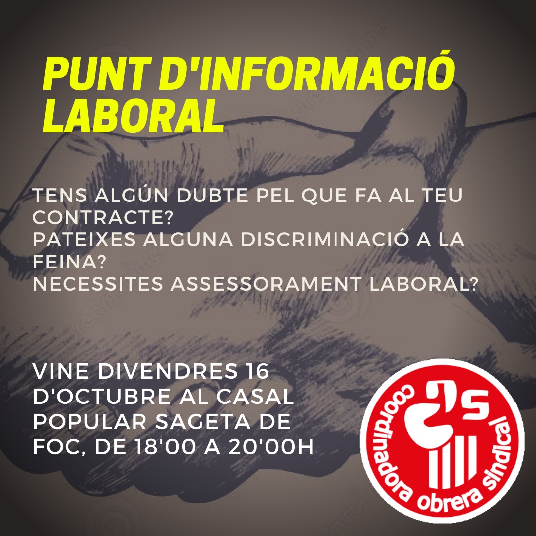 CdR_PA_TGN's tweet photo. 🔊🔉 ATENCIÓ: Si vols fer alguna consulta laboral, aquest divendres, 16 d'octubre,
🕣 De 18h a 20h
📍Casal Sageta de Foc (carrer de la Nau, 11) #Tarragona https://t.co/lAlTW4jr7N