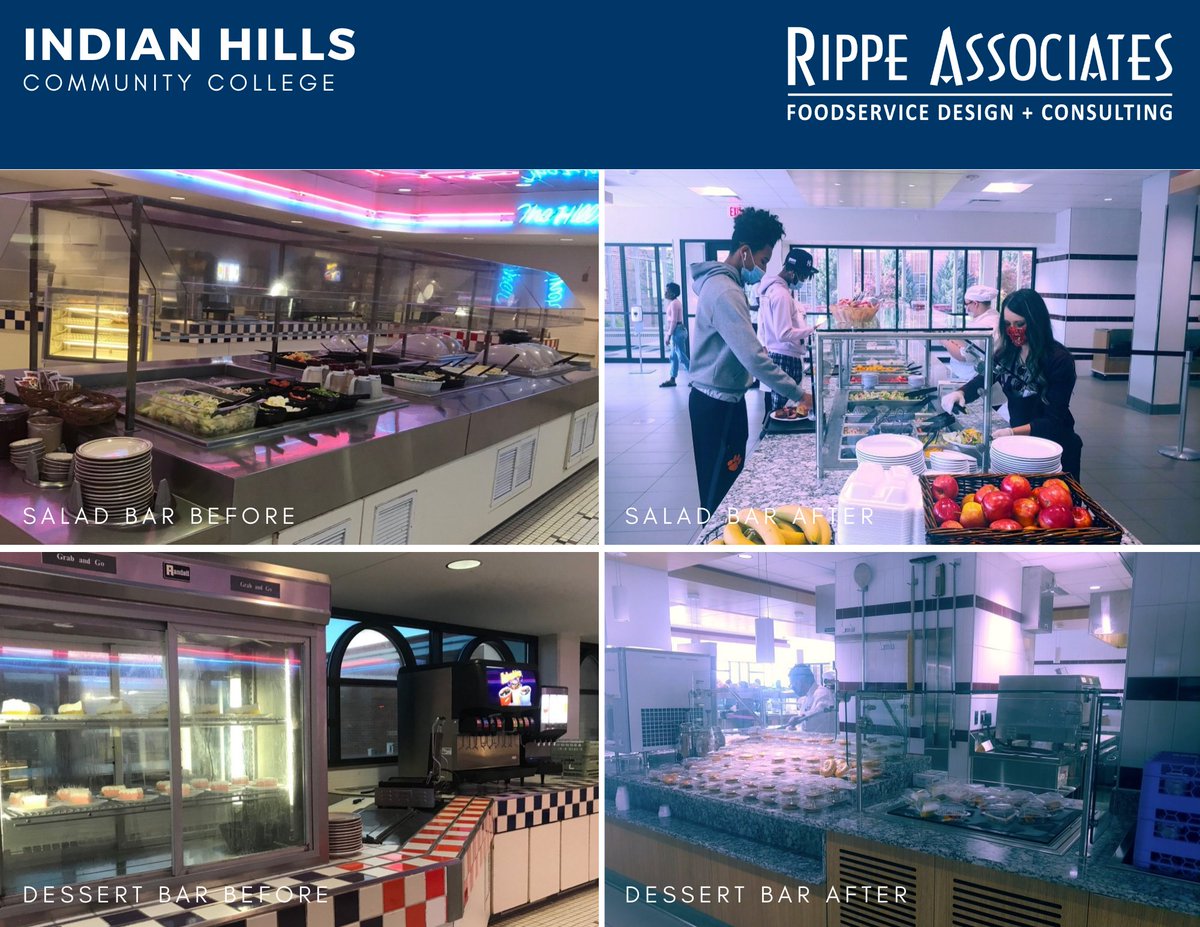 RippeAssociates's tweet photo. This #TransformationTuesday, check out the #BeforeandAfter to campus dining at @IndianHills. This summer remodel gutted the front & back of house, and equipped the culinary team with #KitchensThatWork. Rippe is grateful to have been part of the design team led by
@OPNArchitects. https://t.co/HjWj2tnWQ6