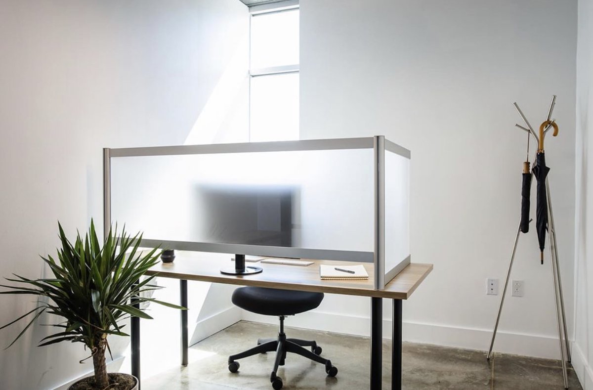 <a href="/loftwall/">Loftwall</a>’s freestanding Desk Shield features a frosted acrylic finish that offers a transparent refuge from distractions and germs. #NeoConnectSpotlight