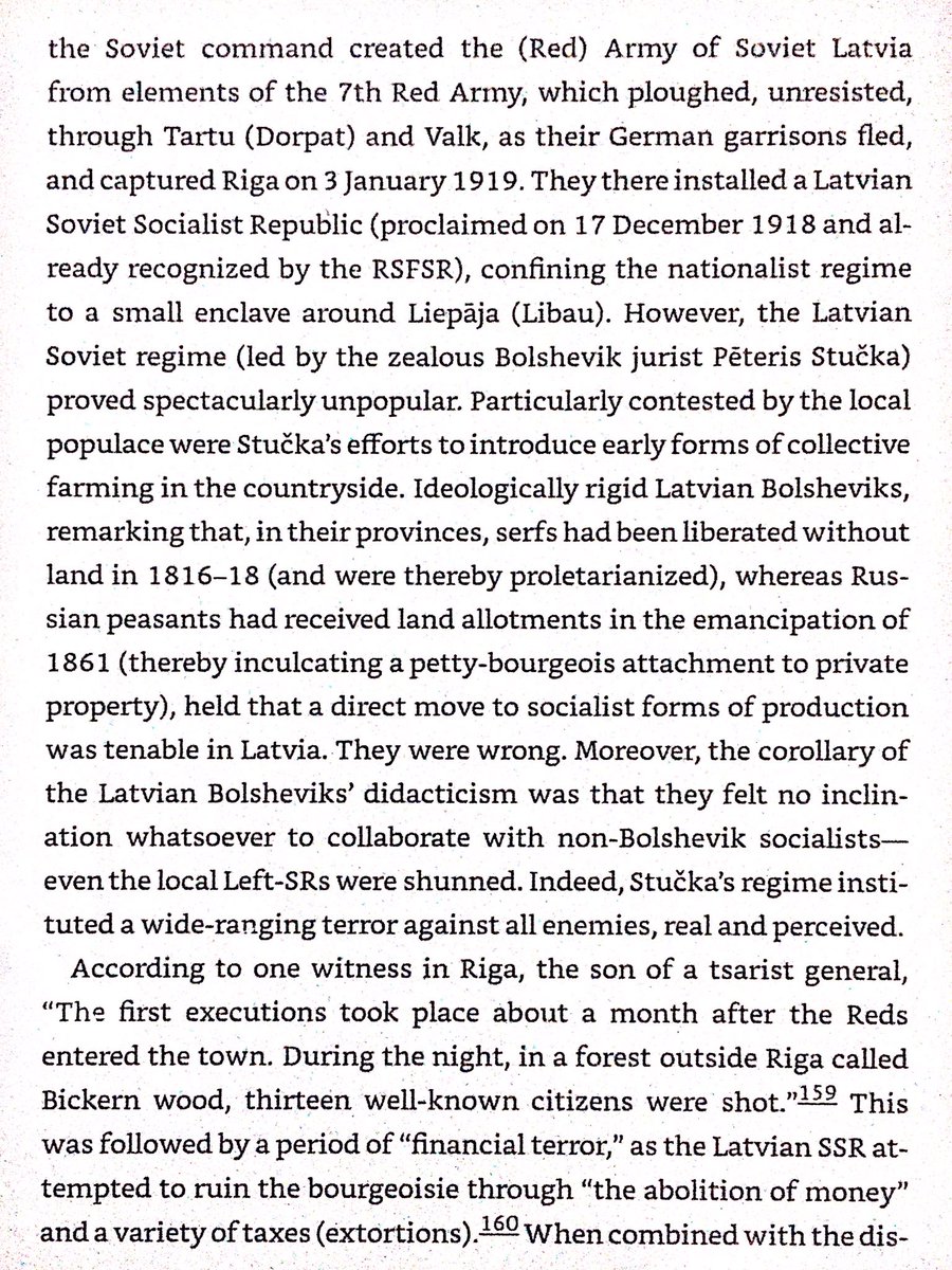 Latvian communists believed under Roza Luxemburg’s influence that since abolition of serfdom there had occurred without land, Latvians were proletarians & ready to proceed straight to socialism unlike landholding Russian peasants. They abolished money & were hated & overthrown.