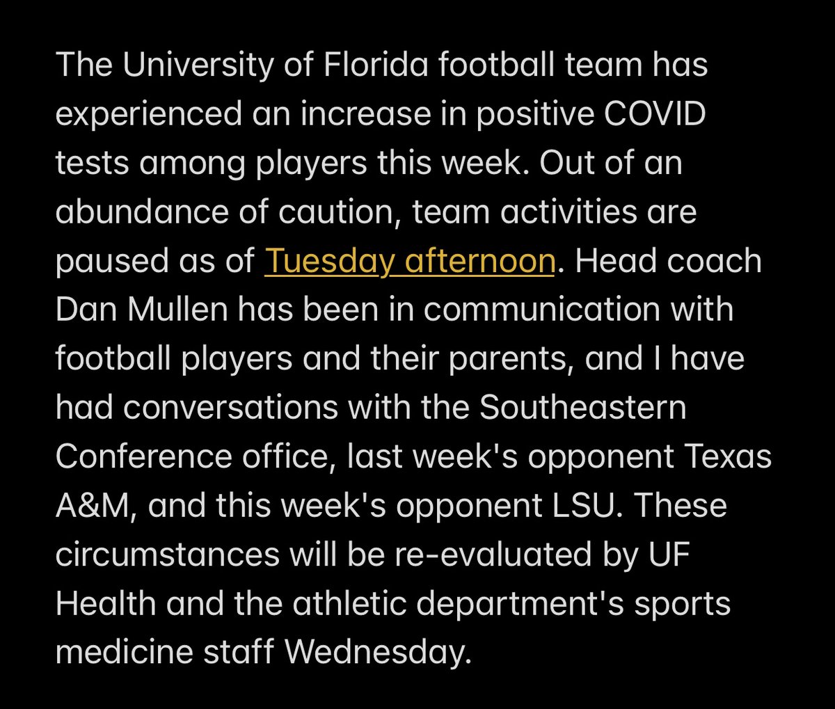 onlygators's tweet image. Florida #Gators football paused all team activities on Tuesday amid an increase in positive COVID-19 tests this week. Statement from AD Scott Stricklin: